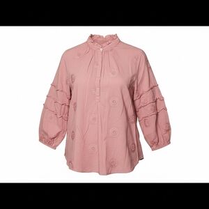 Isabella Sinclair Coral Long Sleeve Floral Ruffle Blouse Size Small 100% Cotton